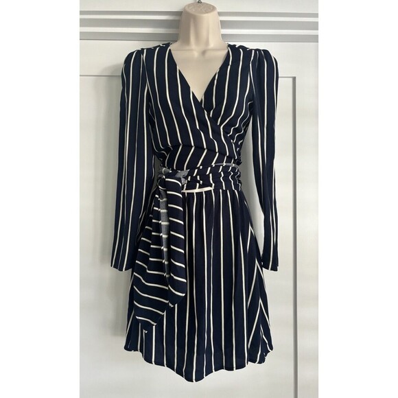 Reformation Zircon in Capone Stripes Long Sleeve Mini Dress Navy Blue Sz 6 - Picture 3 of 8